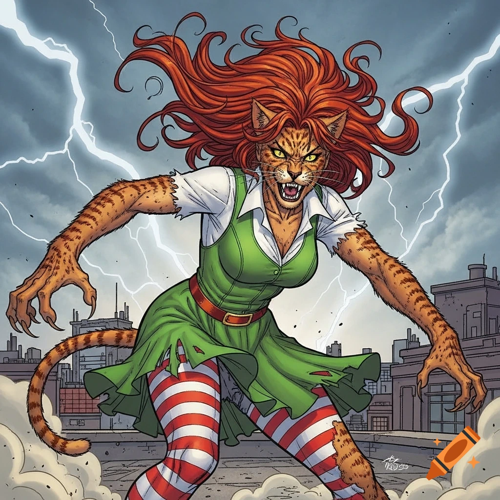 Comic art of a red-haired woman with feline features transforming into a werecat, wearing a torn green dress and striped stockings, with lightning.
