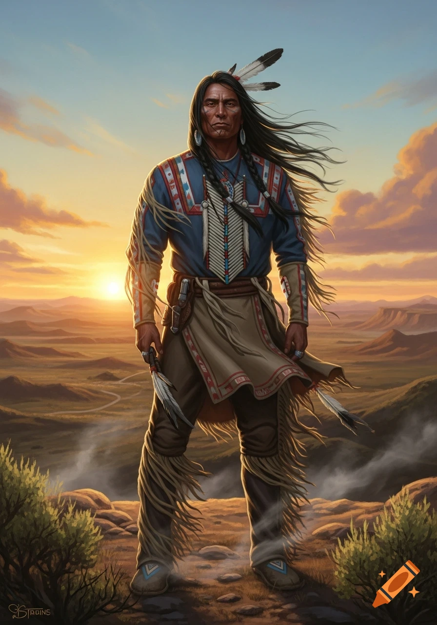 A proud Indigenous man with long dark hair stands in traditional attire, holding a feather, against a vibrant sunset over a vast landscape, digital art.