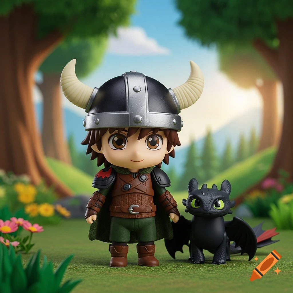 A Nendoroid-style Hiccup in Viking attire stands next to Toothless in a lush, animated forest.