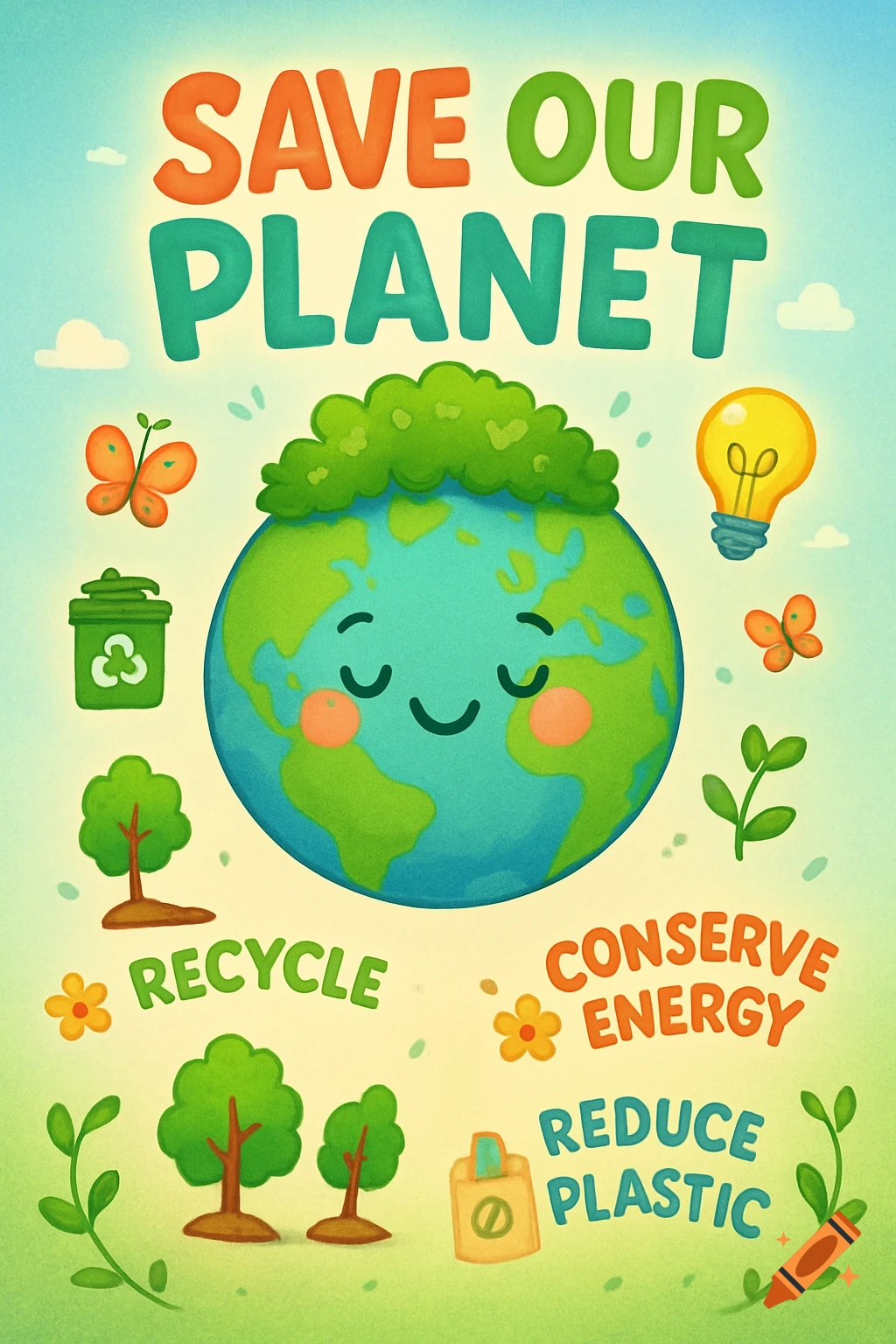 A cute environmental poster with a smiling Earth, icons like a recycling bin, lightbulb, and trees, and text "SAVE OUR PLANET", "RECYCLE", "CONSERVE ENERGY", "REDUCE PLASTIC".