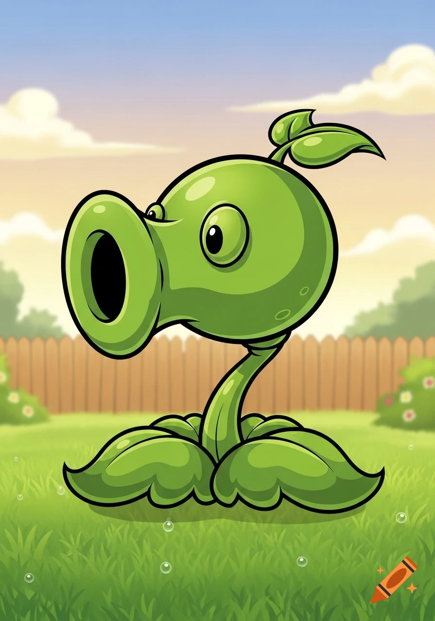 A cartoon illustration of a green Peashooter from Plants vs. Zombies standing in a grassy backyard with a fence and sky.