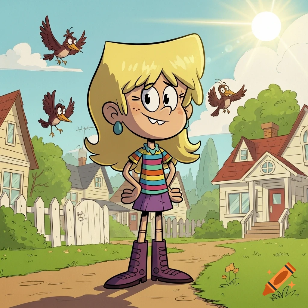 A cartoon character with blonde hair and a striped shirt stands in a sunny suburban neighborhood with houses and birds flying.
