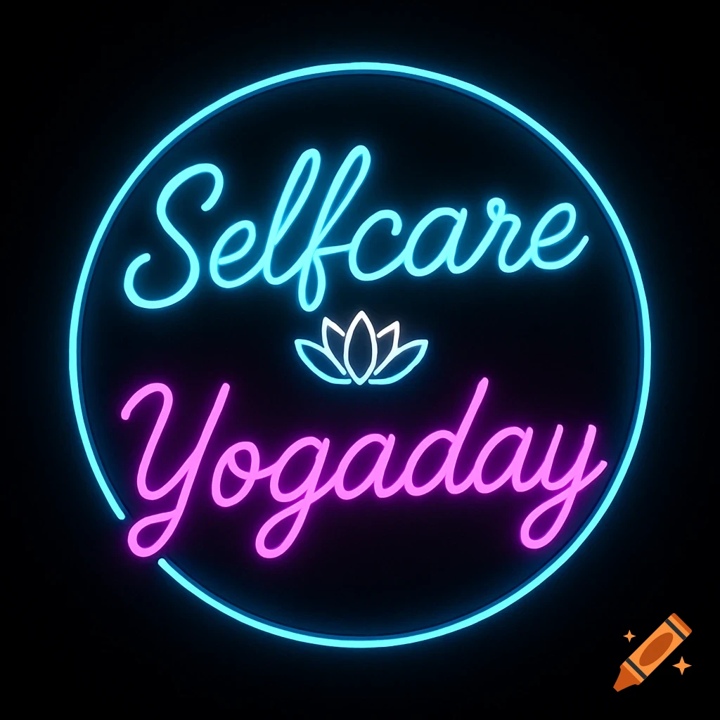 Round neon sign with 'Selfcare Yogaday' text in blue and pink, featuring a lotus flower separator on a black background.