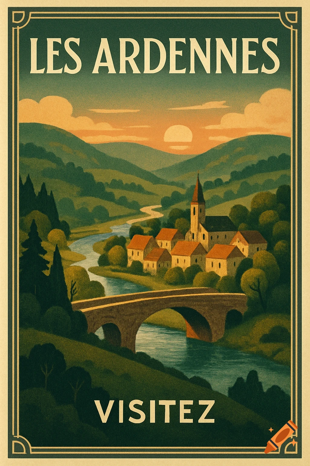 A vintage travel poster for Les Ardennes, showing a village, river, and stone bridge in a hilly landscape at sunset. Text: LES ARDENNES, VISITEZ.