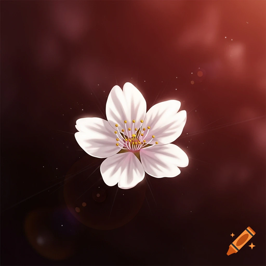 A white anime-style cherry blossom with pink accents and yellow stamens, glowing against a dark red background with subtle light rays and sparkles.