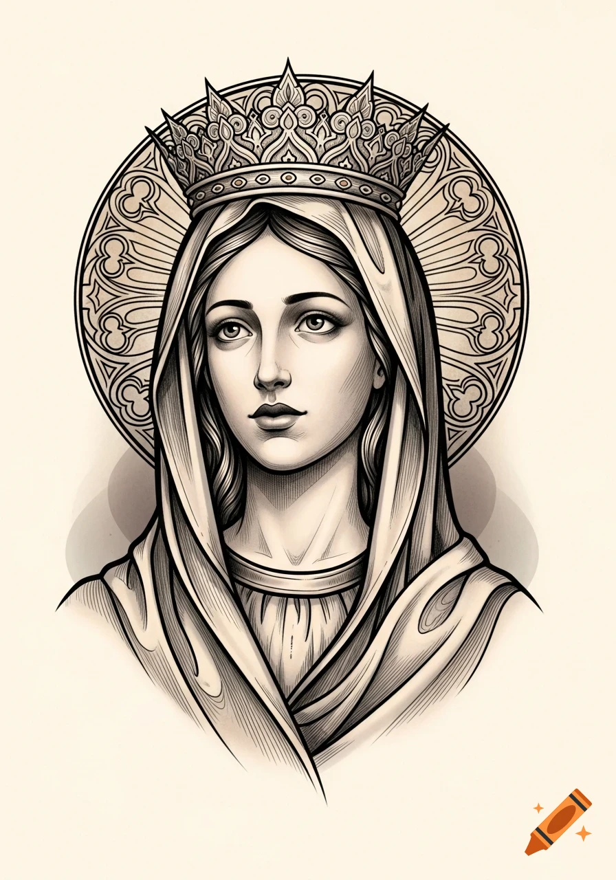 Line art portrait of the Virgin Mary wearing a crown and veil, with a halo, in a tattoo-like style.