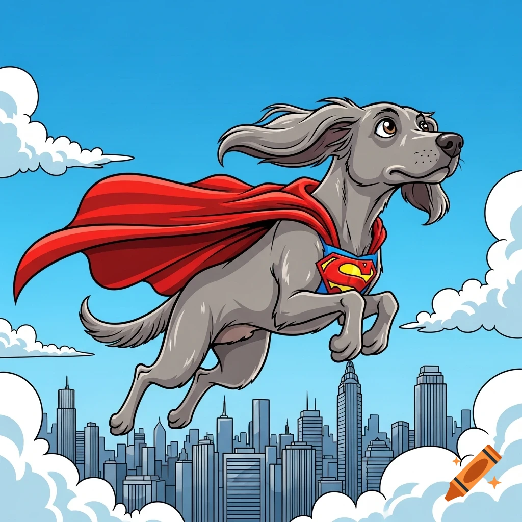 Comic illustration of a gray dog wearing a red Superman cape flying over a city skyline.