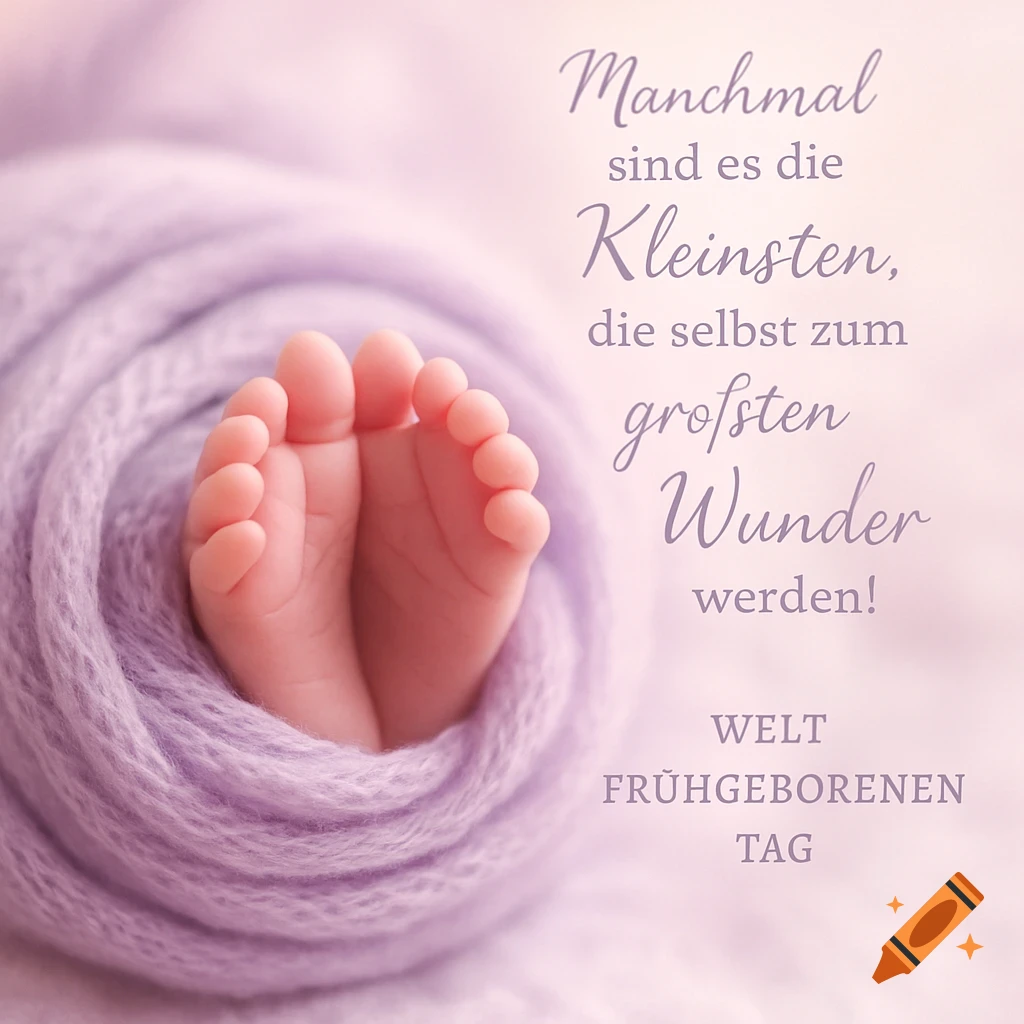 Close-up of a baby's tiny feet wrapped in a soft lavender blanket, with inspiring German text on a pink background.