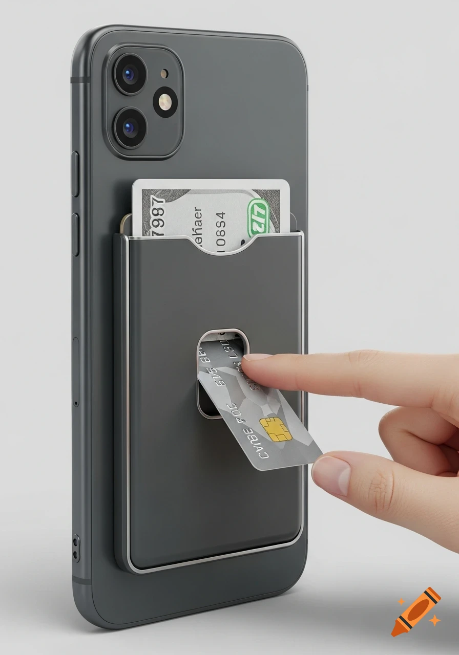 Close-up of a hand sliding a credit card into a dark grey card holder attached to the back of a black mobile phone.