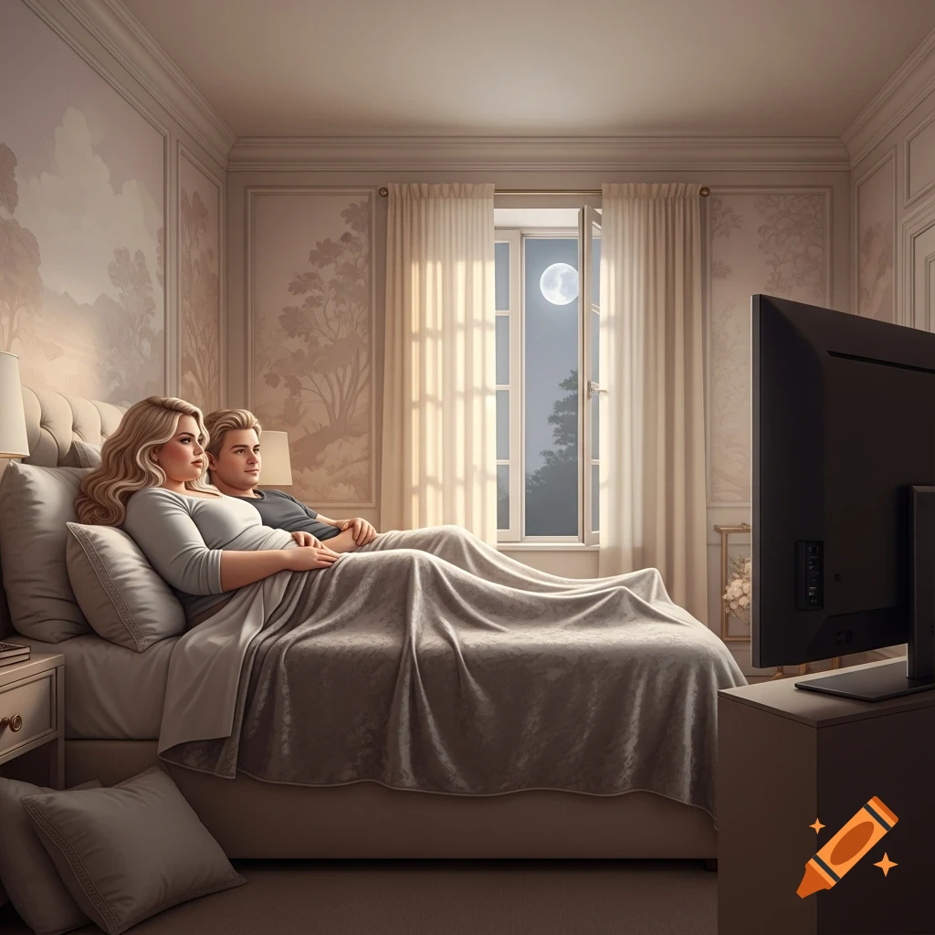 A blond couple lies in bed under a blanket, watching TV in a well-decorated room at night with a full moon visible through the window.