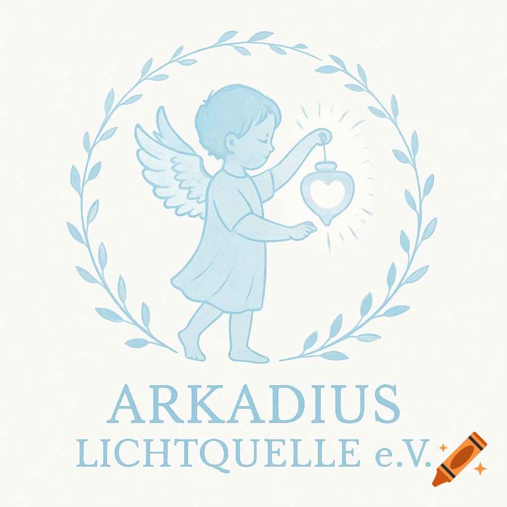 Light blue stylized logo of an angel-like child holding a glowing heart lantern within a leafy wreath, with the text 'ARKADIUS LICHTQUELLE e.V.'