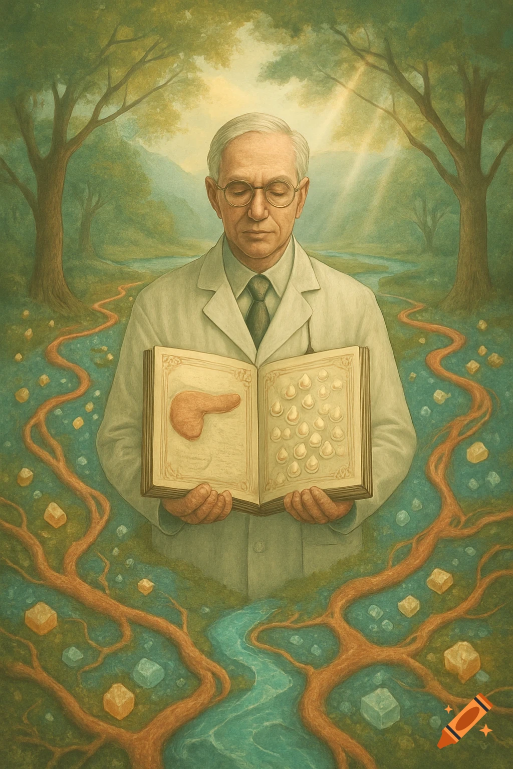 An elderly doctor in a lab coat holds an open book showing a pancreas and cells, set in an enchanted forest with winding rivers and glowing crystals, in a painterly style.