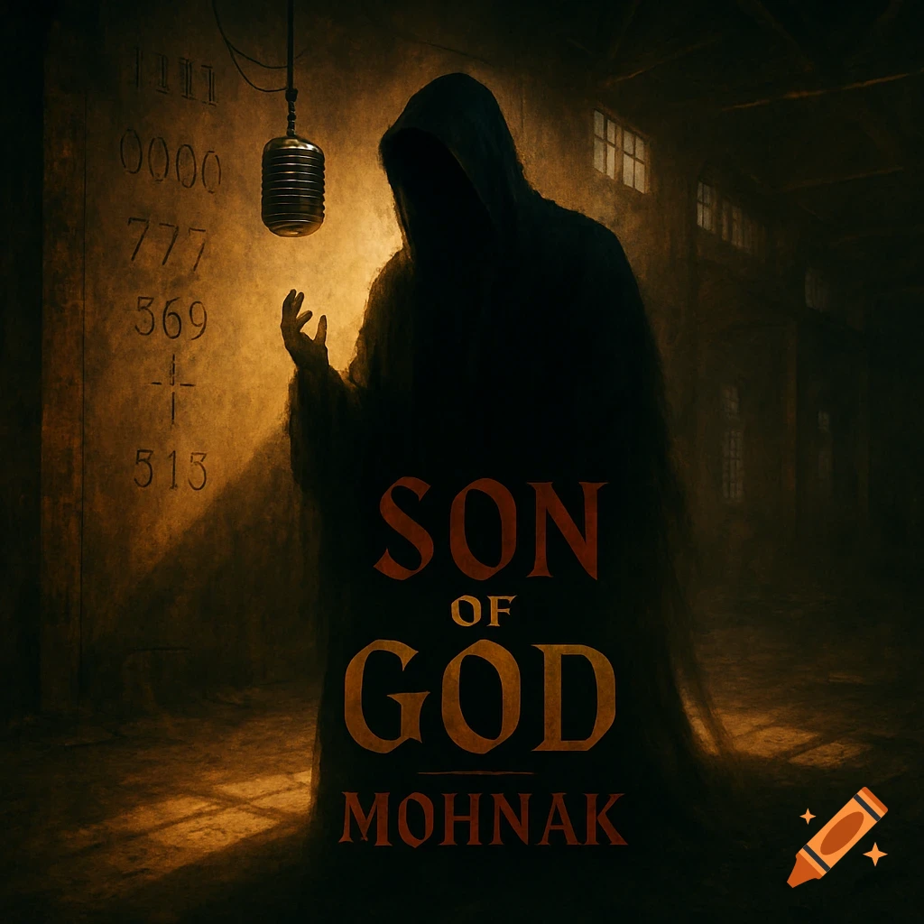 A dark, mystical image featuring a hooded shadowy figure standing before a microphone. The text "SON OF GOD MOHNAK" is prominent, with various numbers on the wall.