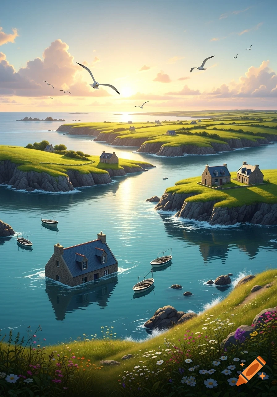 Sunlit coastal landscape with houses partially submerged in blue water, green cliffs, small boats, and seagulls.
