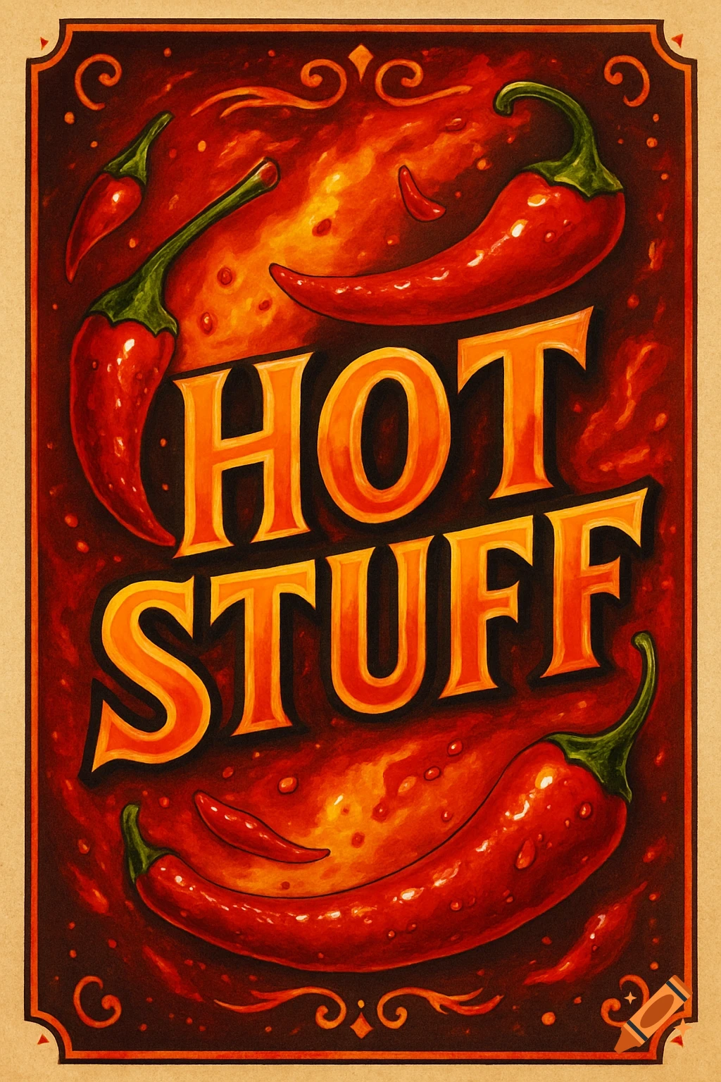 A stylized label illustration featuring several red chili peppers on a fiery red and orange background, with the bold orange text "HOT STUFF" in the center.