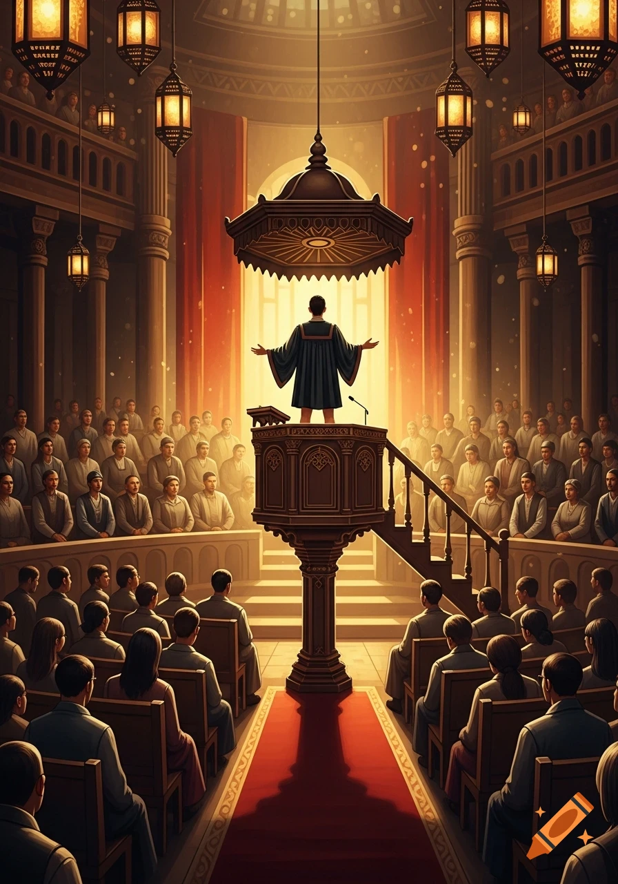 A speaker in a black robe addresses a large audience from a grand, ornate wooden pulpit in a richly lit hall with hanging lanterns.