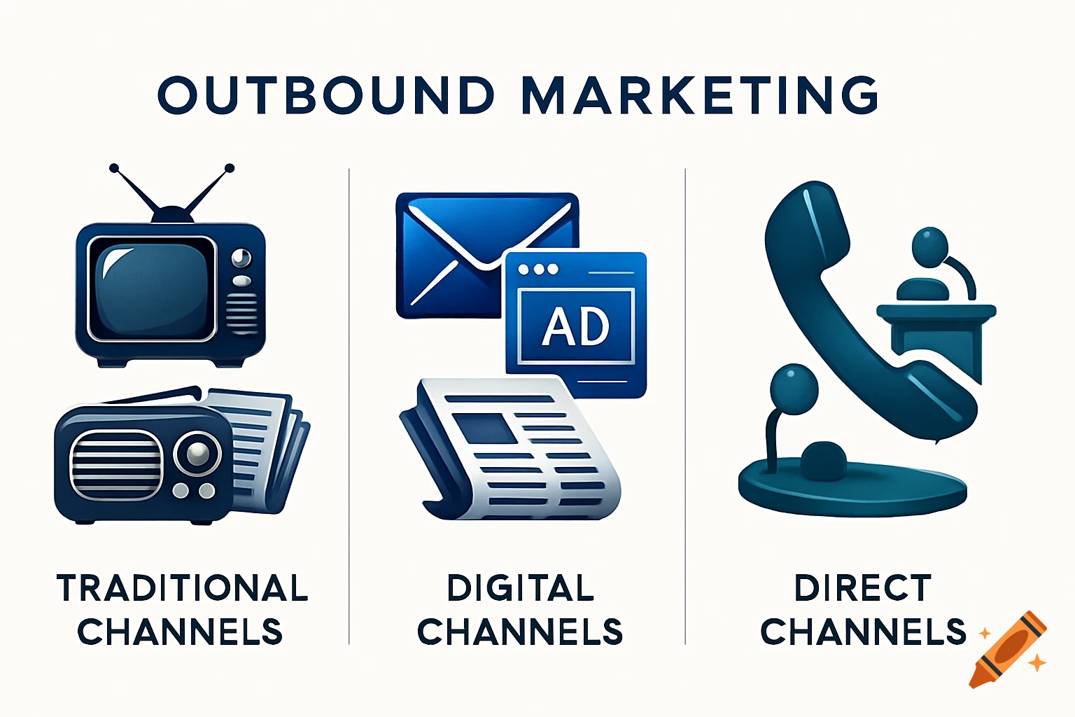 Infographic illustrating outbound marketing channels: Traditional, Digital, and Direct, with corresponding icons.