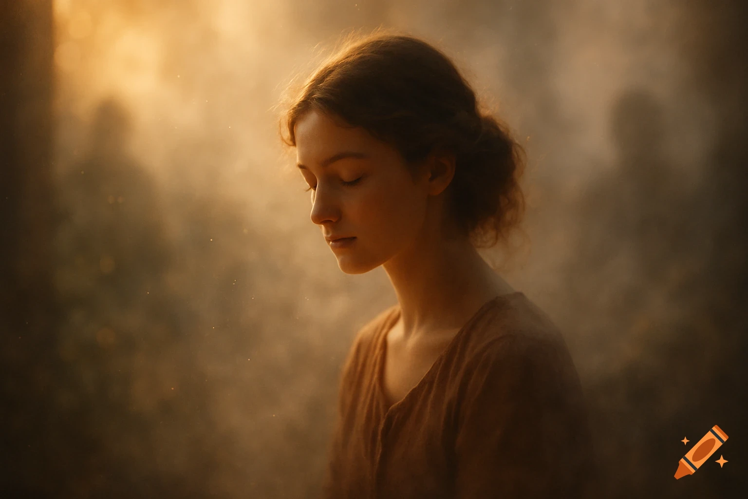 A serene young woman with closed eyes, her face illuminated by warm golden light, against a misty, ethereal background with floating dust particles.