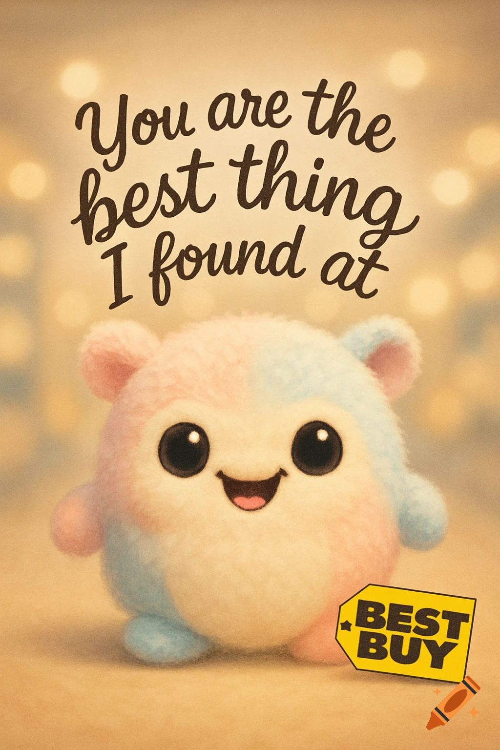 A cute pink and blue fluffy creature with big eyes and a smile below the text 'You are the best thing I found at'. A Best Buy tag is next to it.