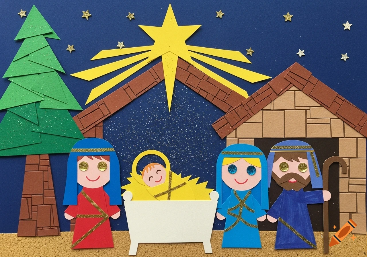 A colorful papercraft nativity scene with Mary, Joseph, baby Jesus in a manger, a stable, a star, and a Christmas tree.
