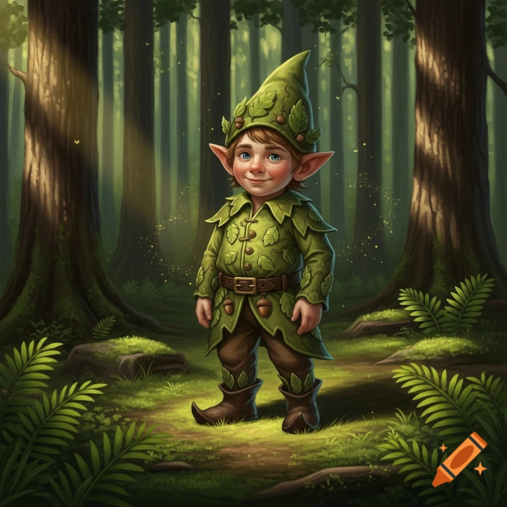 A smiling young gnome in a green leaf-covered outfit and pointed hat stands on a forest path surrounded by tall trees and ferns.