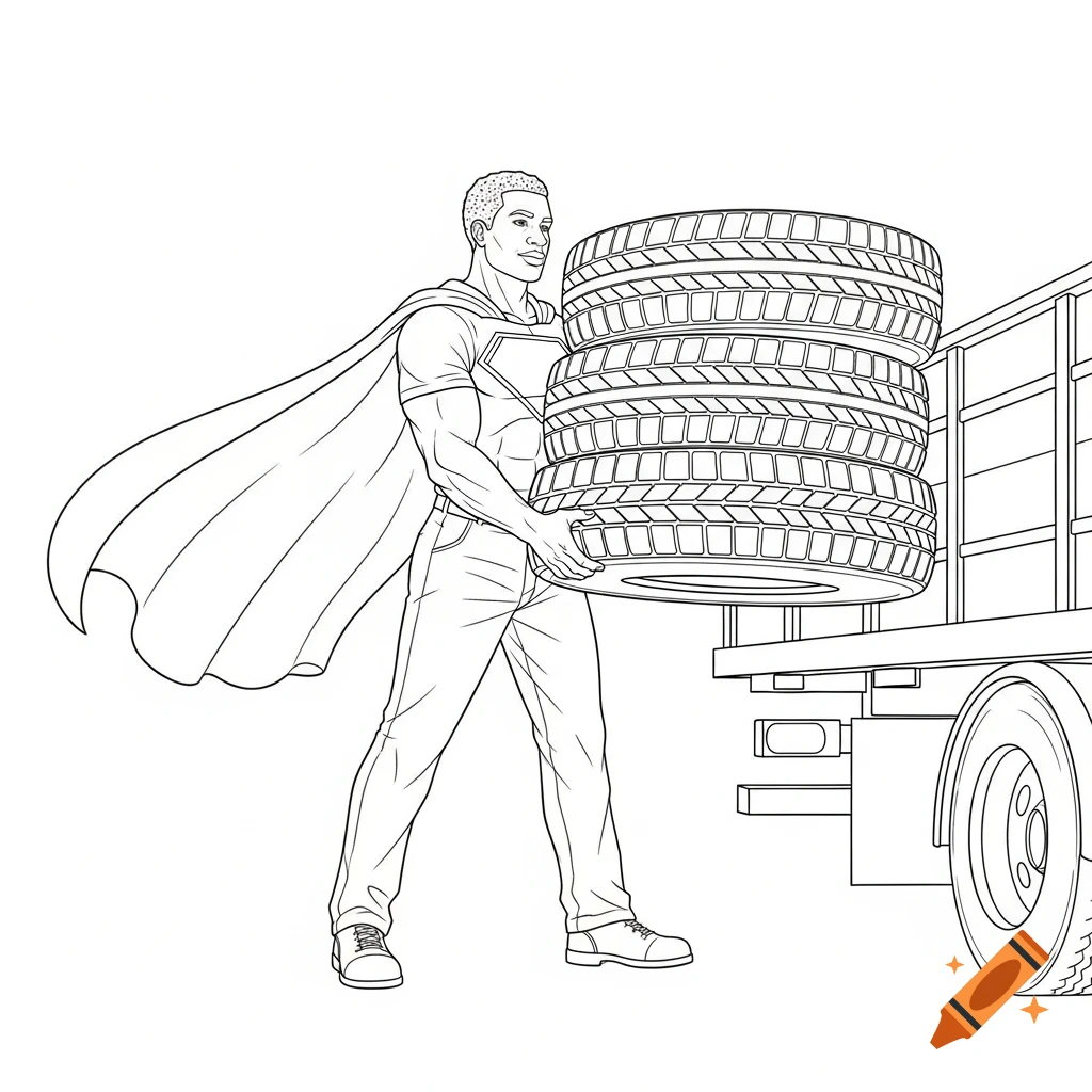 A line art coloring book page of a Black man in a cape loading tires onto a flatbed truck.