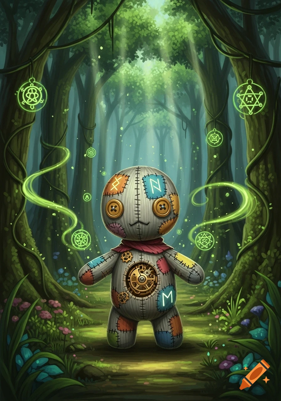 A cute, patched poppet doll with button eyes and a clockwork chest stands in a luminous, magical forest with glowing runes.