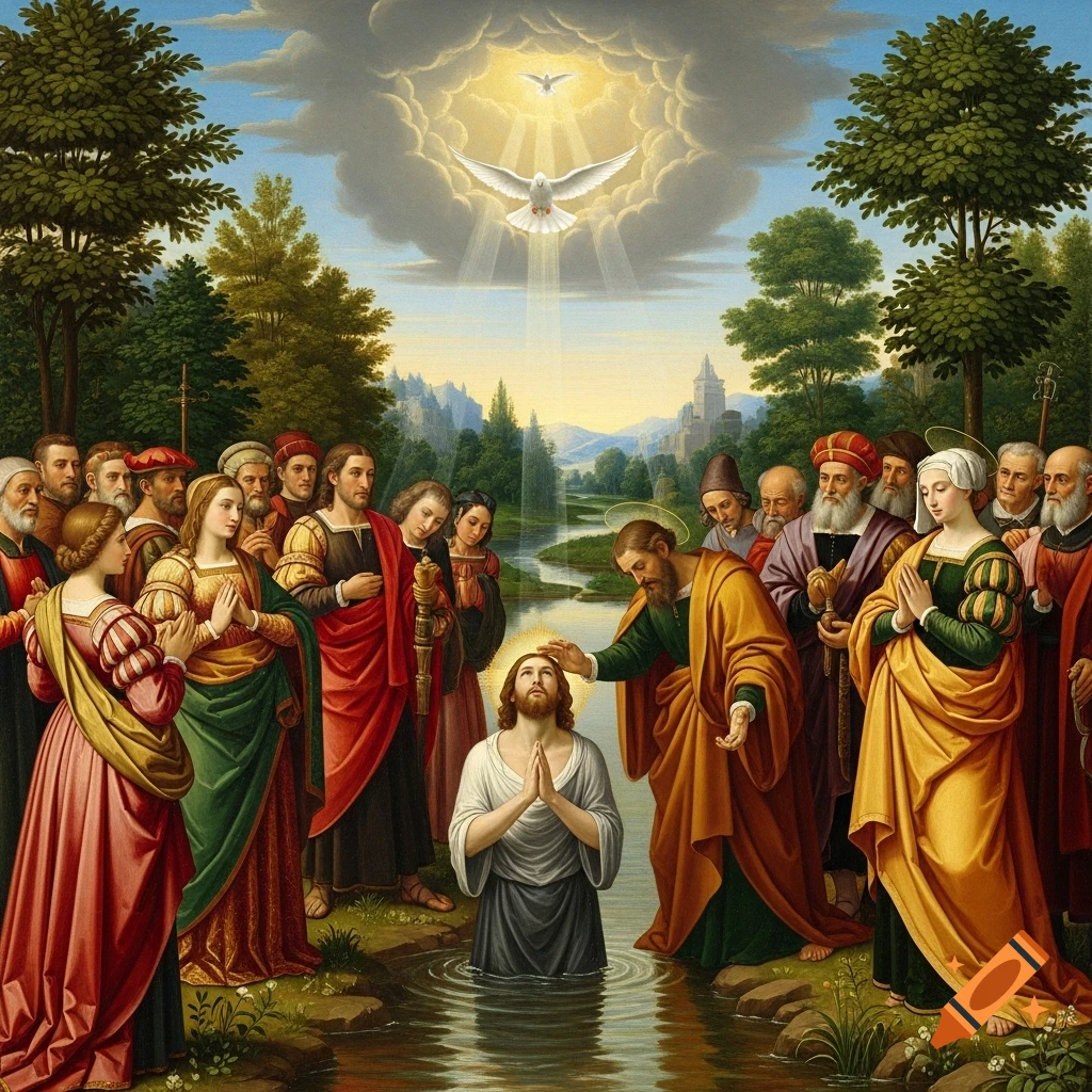 Renaissance painting of a man being baptized in a river, surrounded by a crowd, with a dove and light from the sky.