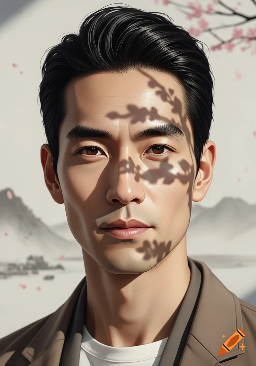 Digital art portrait of an Asian man with dark hair, cherry blossom shadows on his face, against a stylized Asian landscape.