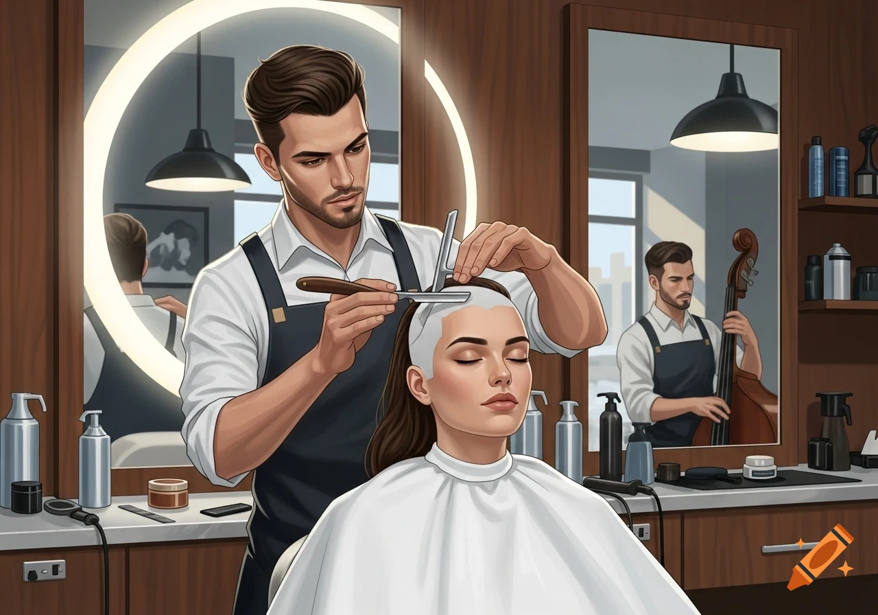 A handsome barber with an apron shaves a woman's head with a straight razor in a modern barbershop, her eyes closed. Another barber is reflected in a mirror playing a cello.