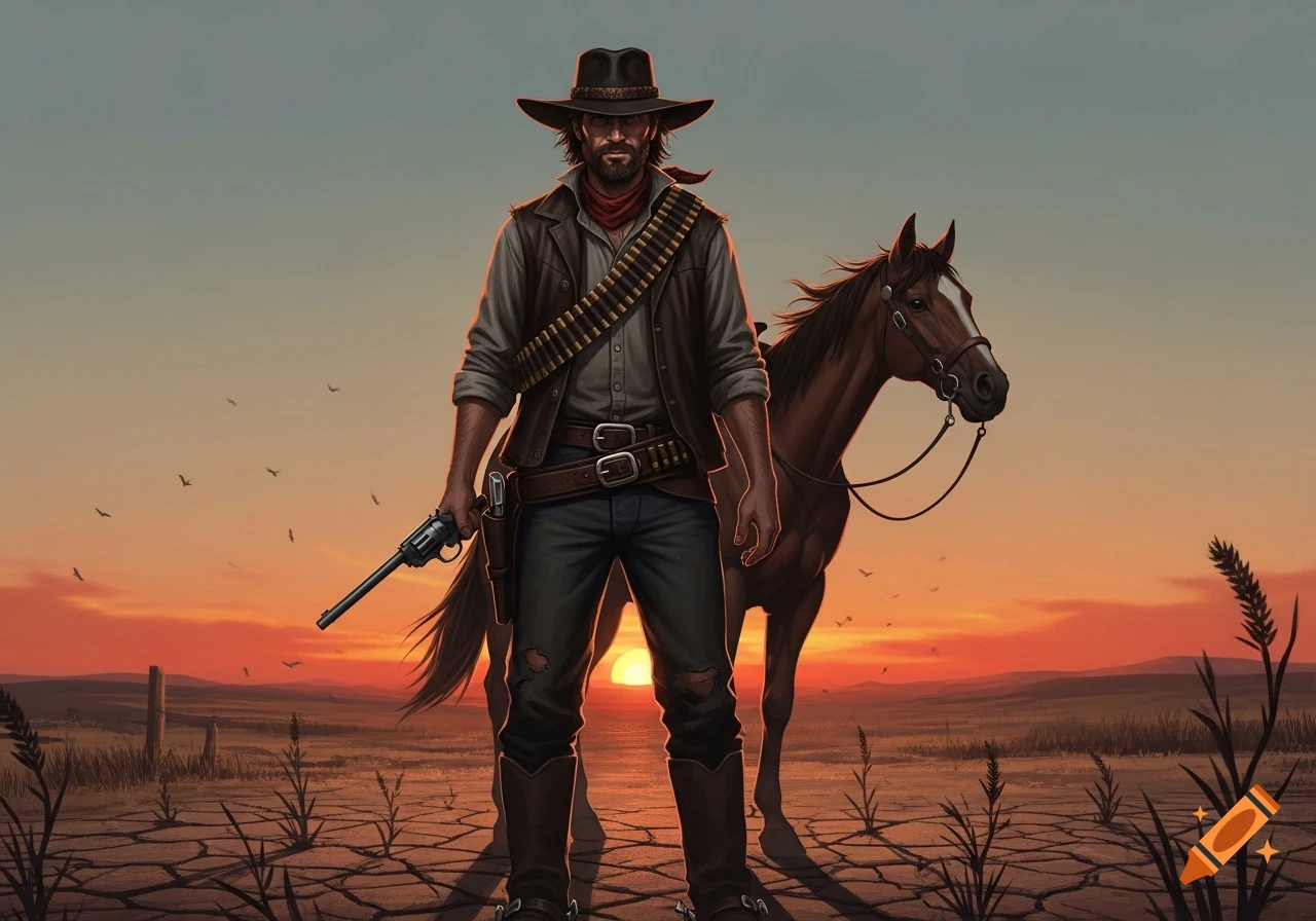 A cowboy holding a revolver stands with his horse against a vibrant sunset in a cracked desert landscape, in an illustrative style.