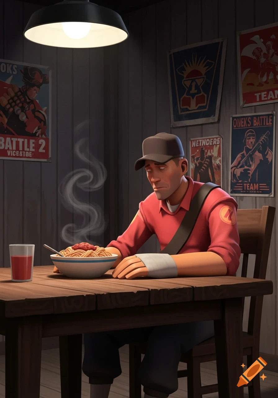 A sad Team Fortress 2 Scout sits at a wooden table, looking down at a steaming bowl of spaghetti, with posters on the wall behind him.