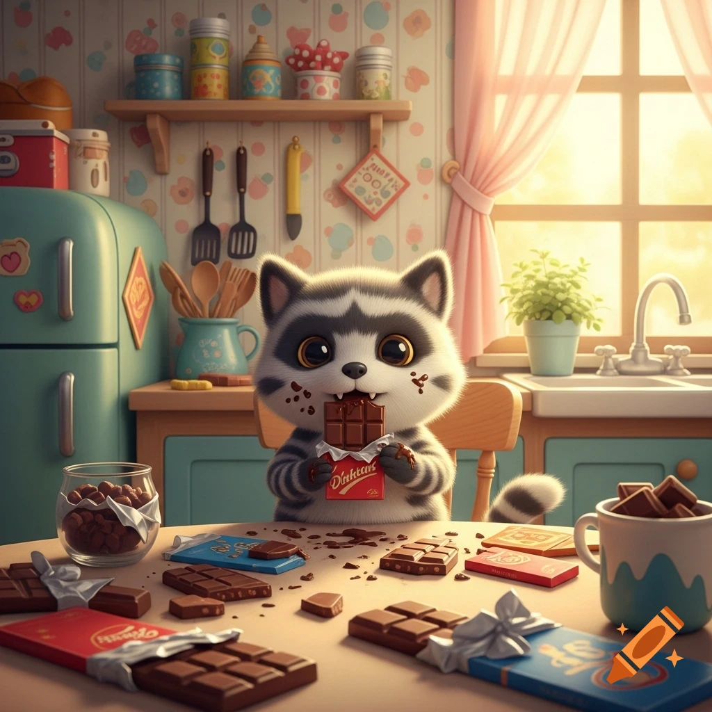 A cute cartoon raccoon with big eyes sits at a kitchen table filled with chocolate bars, eating a piece of chocolate.