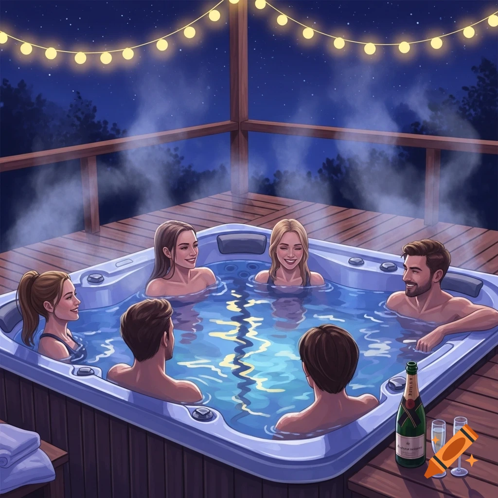 Illustration of six people relaxing in a hot tub on a wooden deck at night, under string lights.