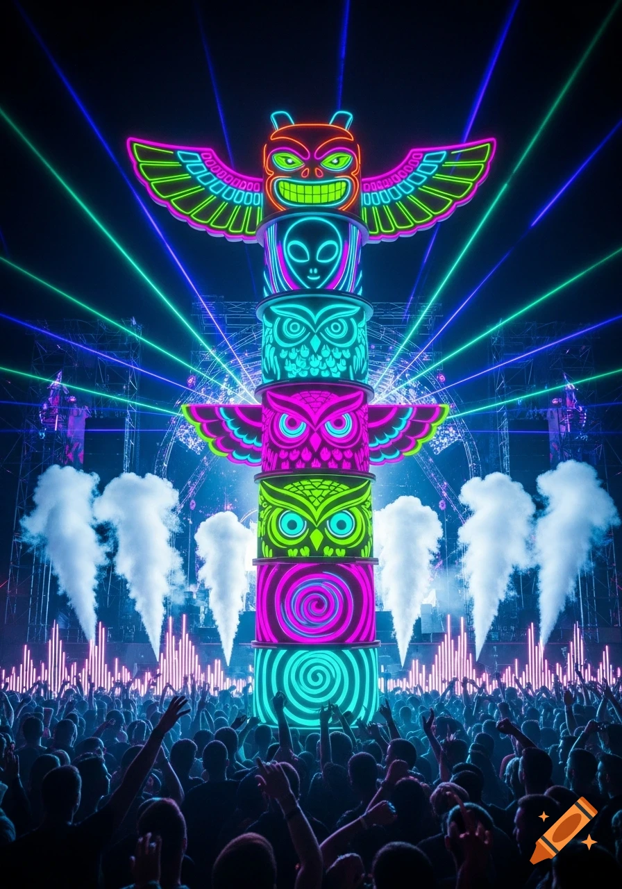 Vibrant neon totem pole centerpiece at a crowded EDM music festival with laser lights and smoke effects.