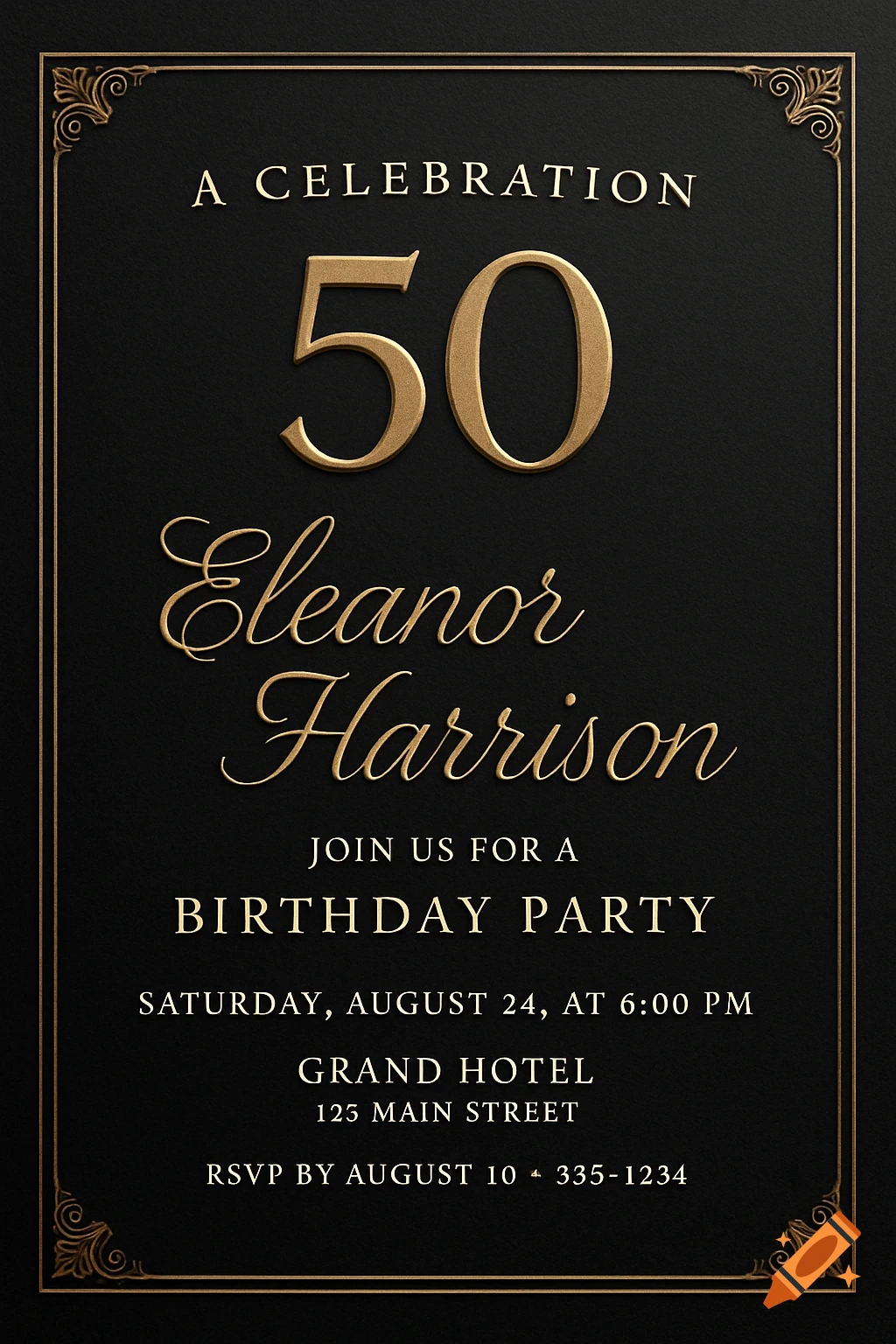 Elegant black and gold 50th birthday invitation card for Eleanor Harrison, detailing event time and location.