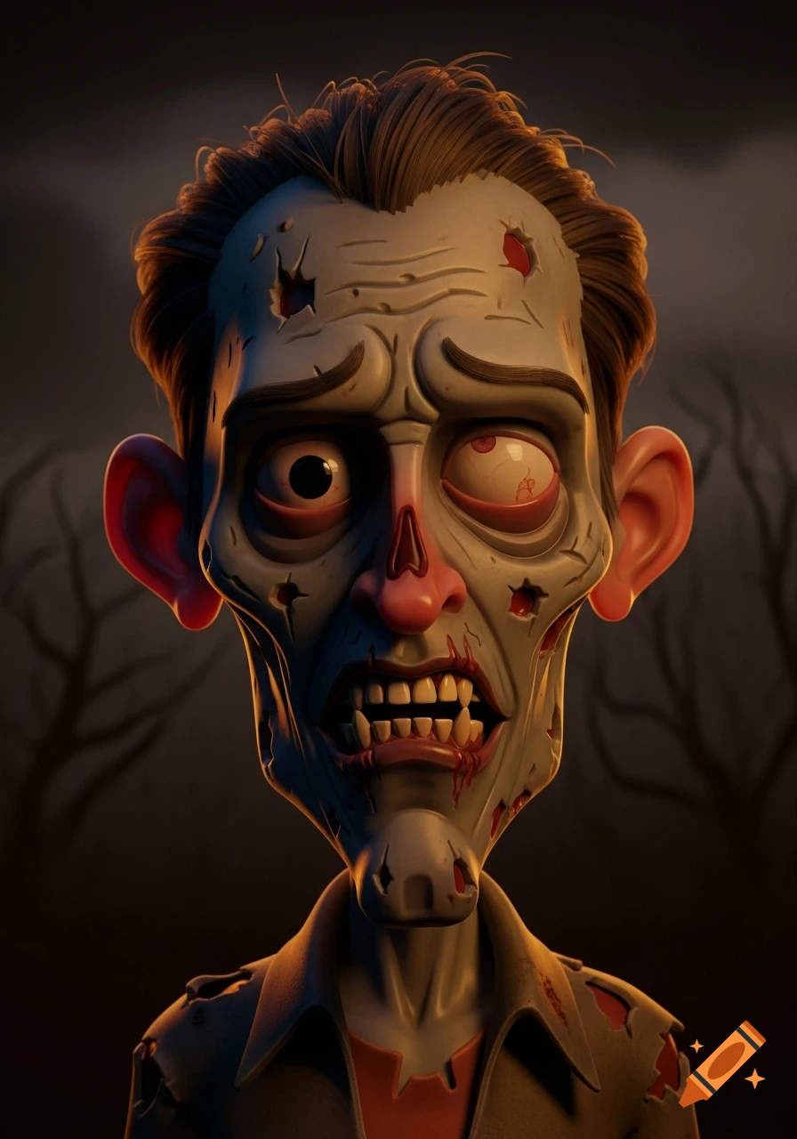 Stylized 3D cartoon portrait of a zombie with bloodshot eyes, rotting skin, and exposed teeth against a dark, spooky background.