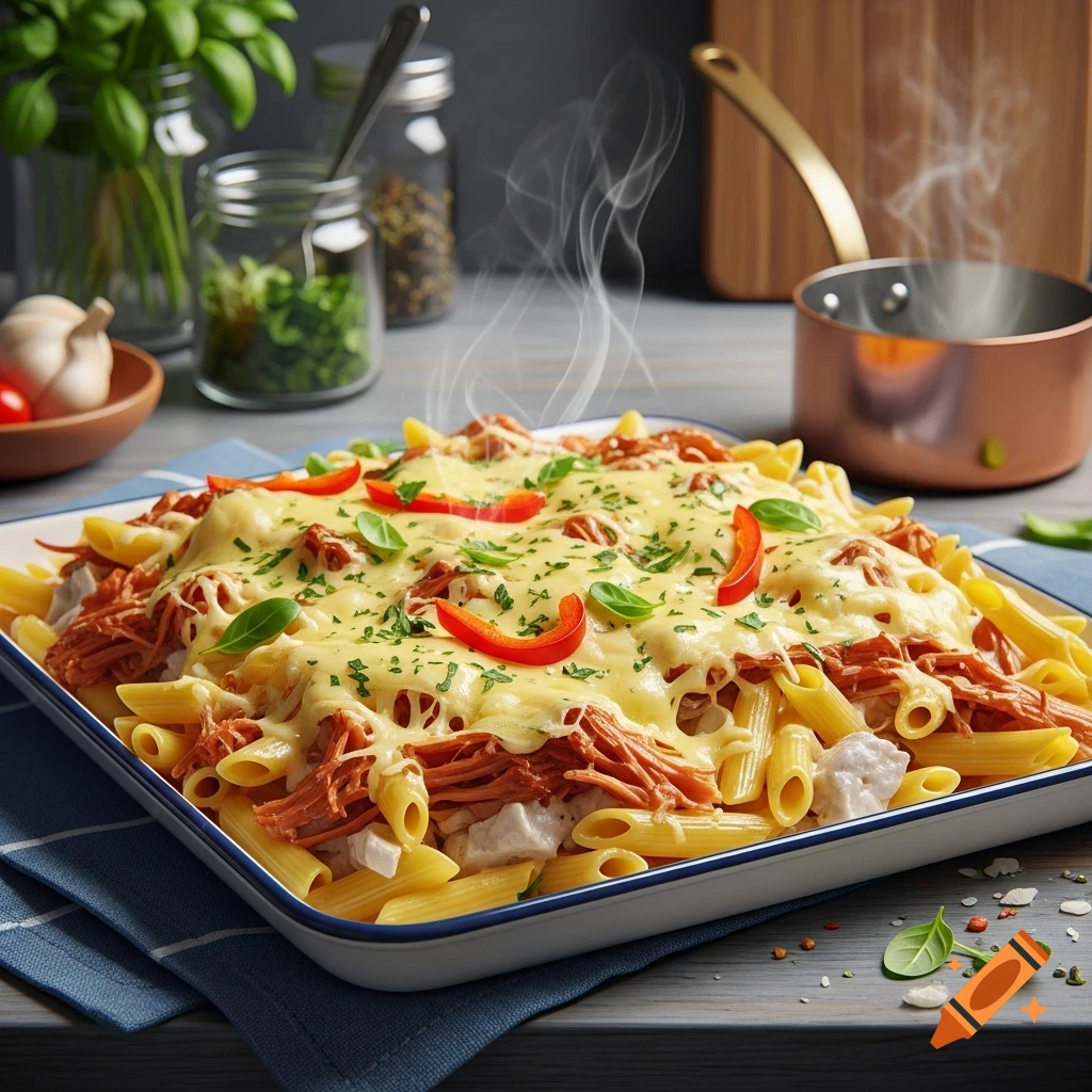 Close-up of a steaming baked pasta casserole with melted cheese, shredded chicken or fish, red bell pepper, and basil in a white dish on a checkered blue cloth.
