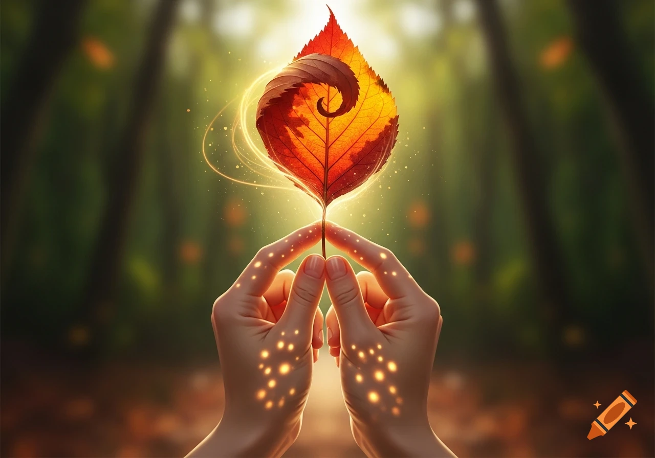 Two hands gently hold a vibrant, glowing orange and red leaf with a spiral pattern, surrounded by golden light in a soft-focus forest.