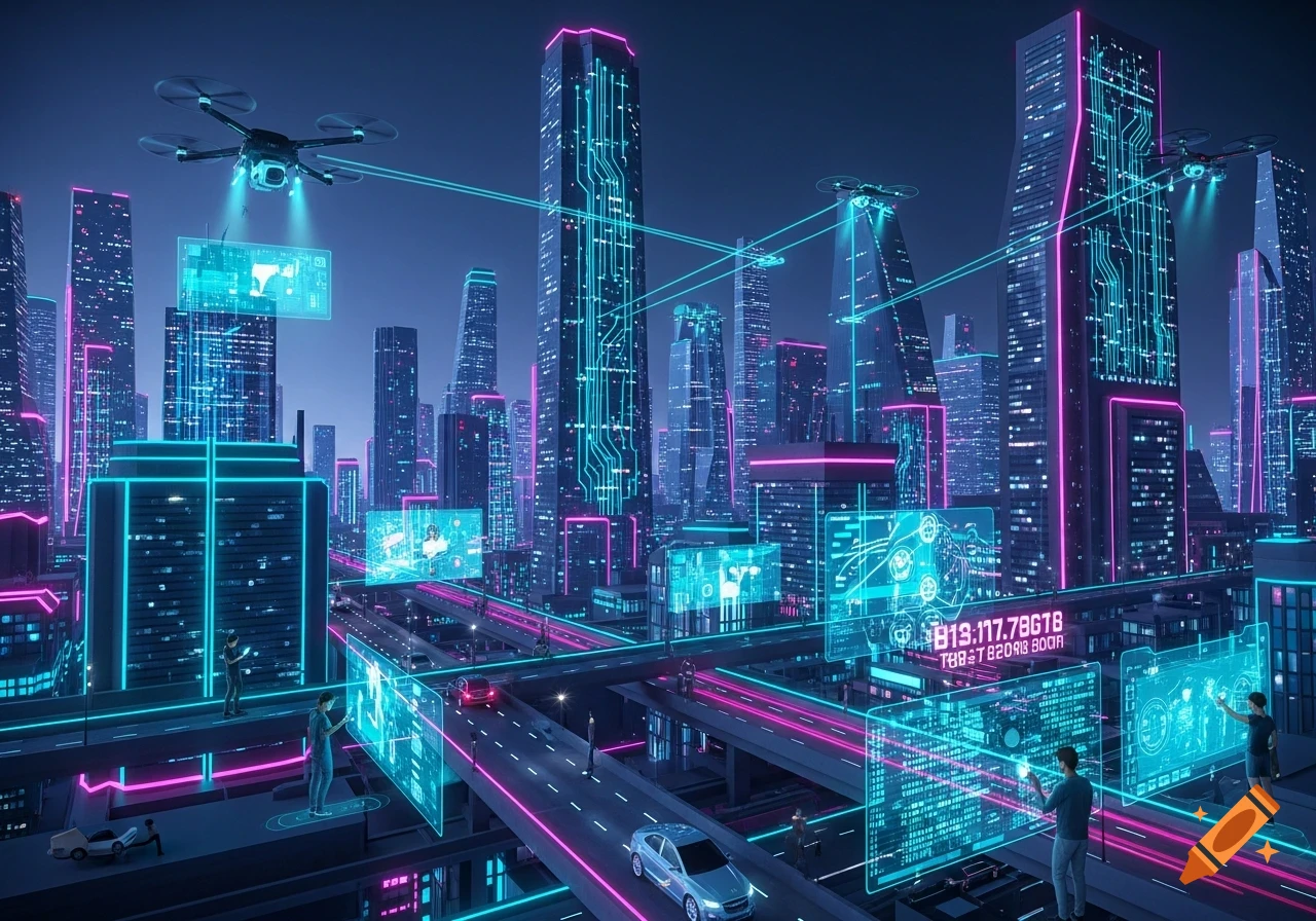 Futuristic city at dusk with neon-lit skyscrapers, drones, cars on multi-level highways, and glowing holographic interfaces.