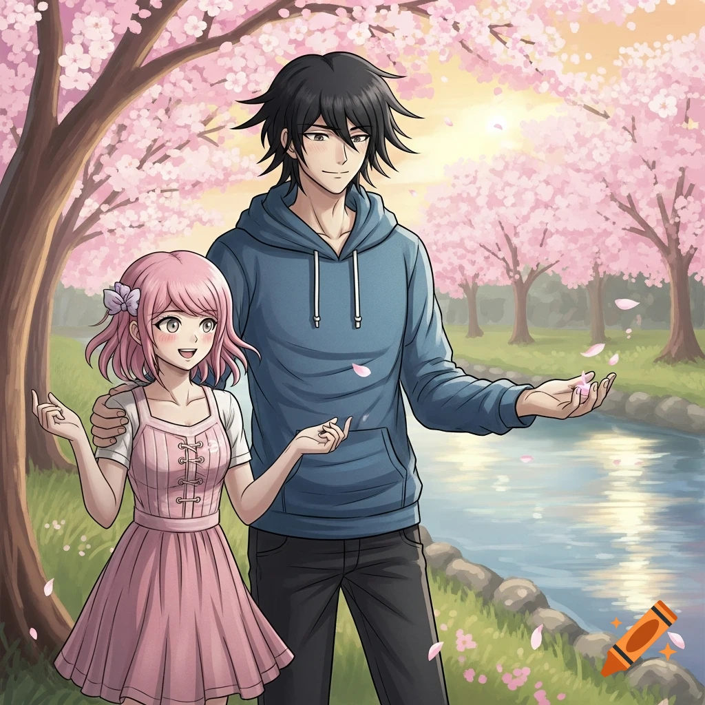 An anime couple, a man with dark hair and a woman with pink hair, stand in a park with cherry blossom trees and a stream.