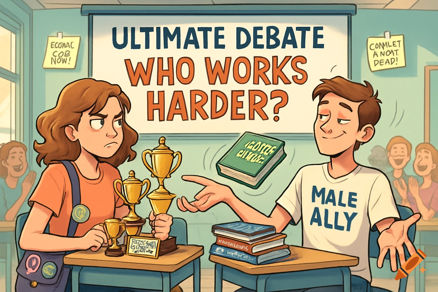 A satirical cartoon depicting a high school debate on gender equality, with a displeased girl and a smirking boy, surrounded by trophies and books.