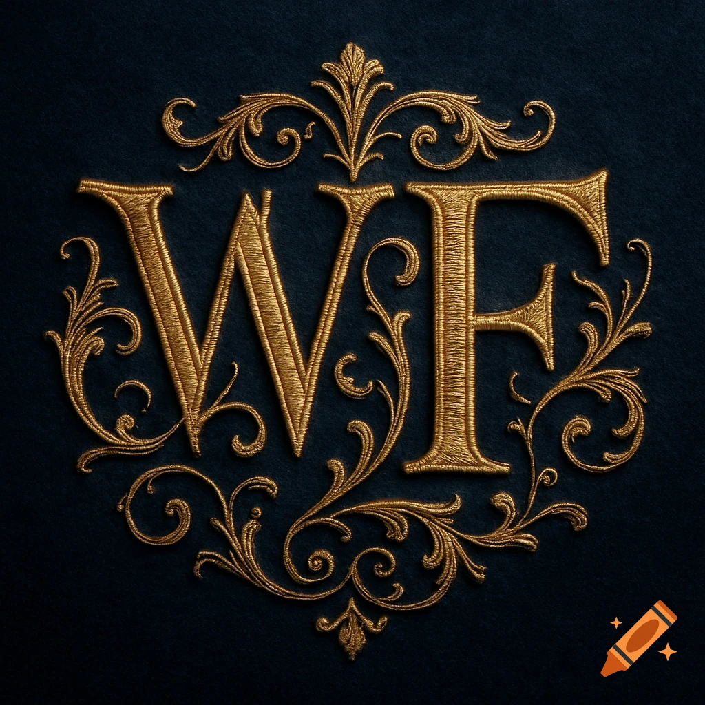 A golden embroidered monogram featuring the initials 'WF' surrounded by elegant, ornate scrollwork on a dark blue background.