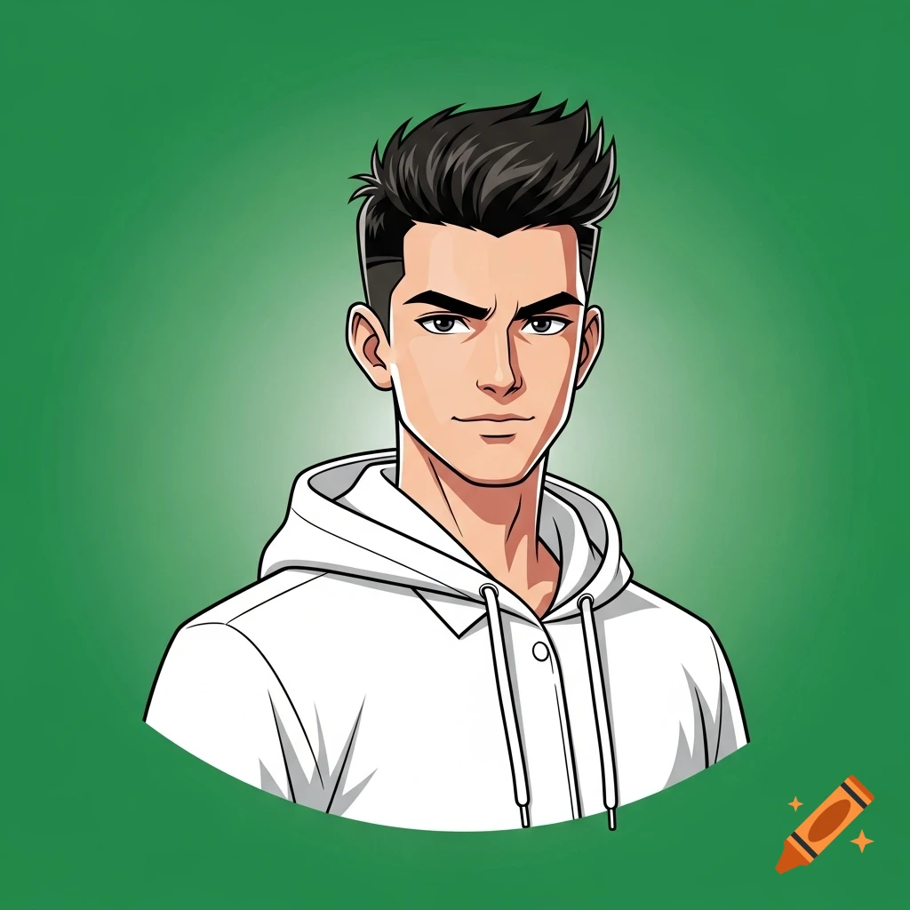 Stylized cartoon portrait of a young man with dark spiky hair, wearing a white hoodie, against a solid green background.