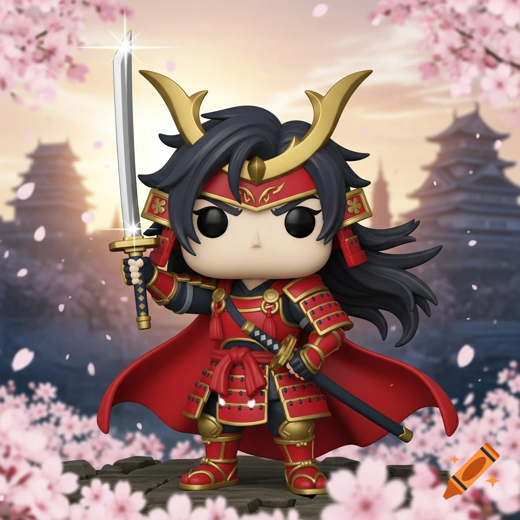 A Funko Pop figure of Ryoma from Fire Emblem, in red and gold samurai armor, holding a katana, against a Japanese castle and cherry blossom background.
