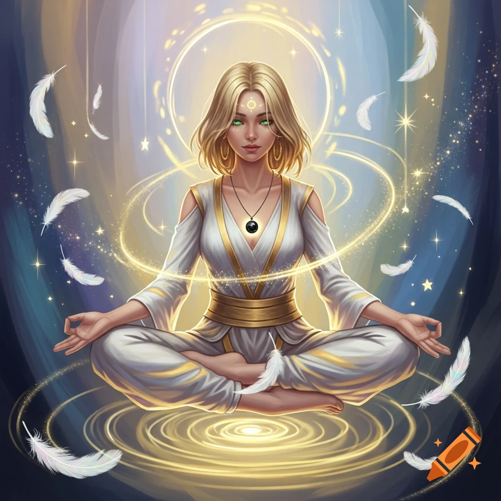 A blonde sorceress with green eyes meditates in a cross-legged position, floating amidst golden light, feathers, and stars.