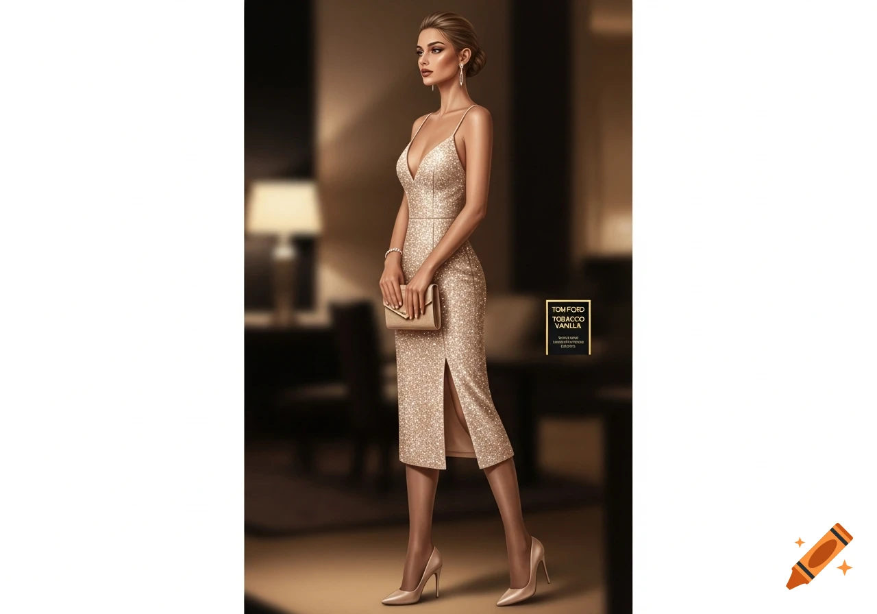 A glamorous woman in a champagne-colored, sparkling midi dress with a slit, holding a clutch, with a perfume label.
