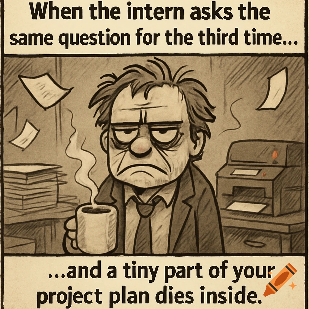 Cartoon meme: Exhausted man with coffee at a messy office desk. Text about interns asking questions.