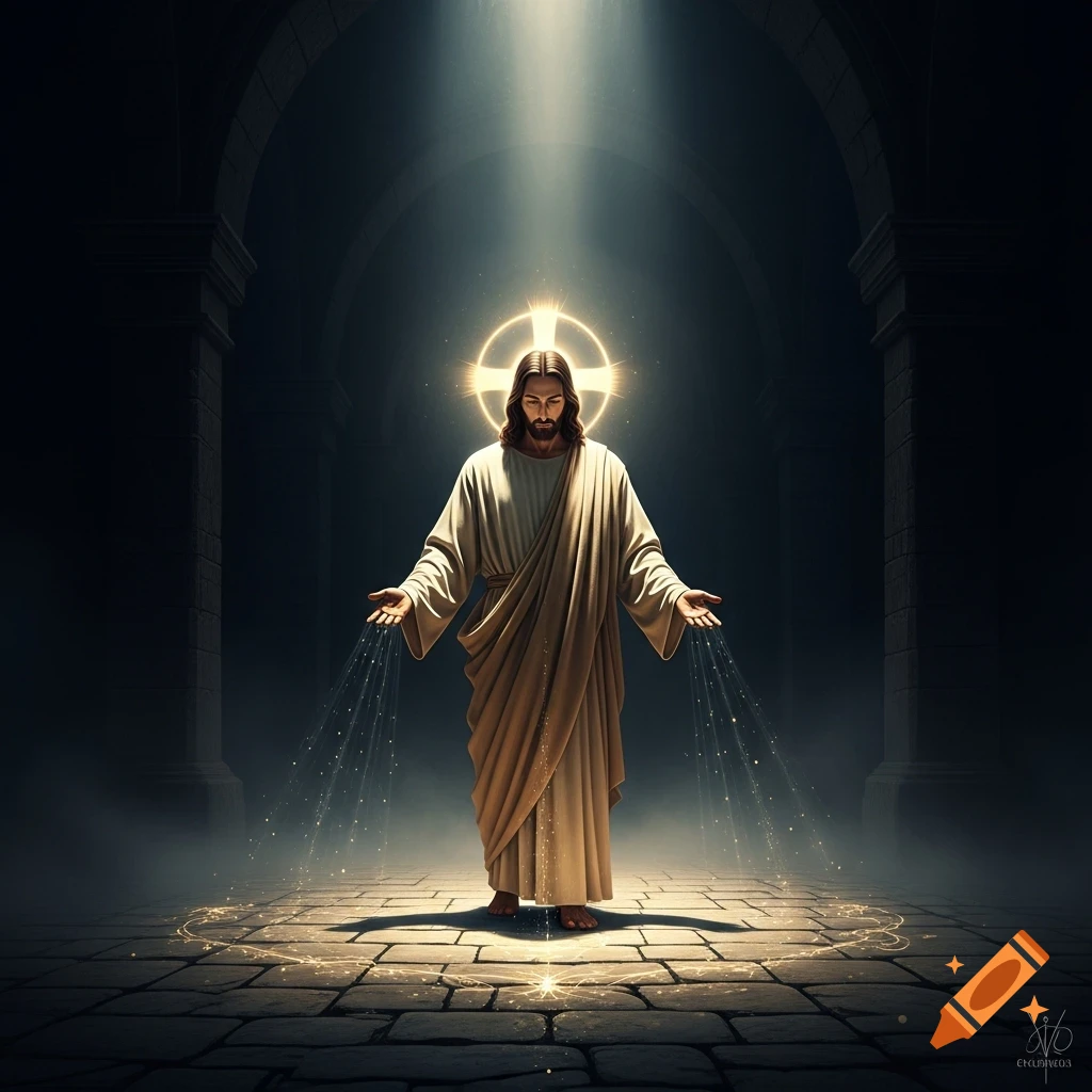 Jesus Christ stands in a dark, vaulted room, arms outstretched, emanating bright light that forms a halo and illuminates the stone floor.