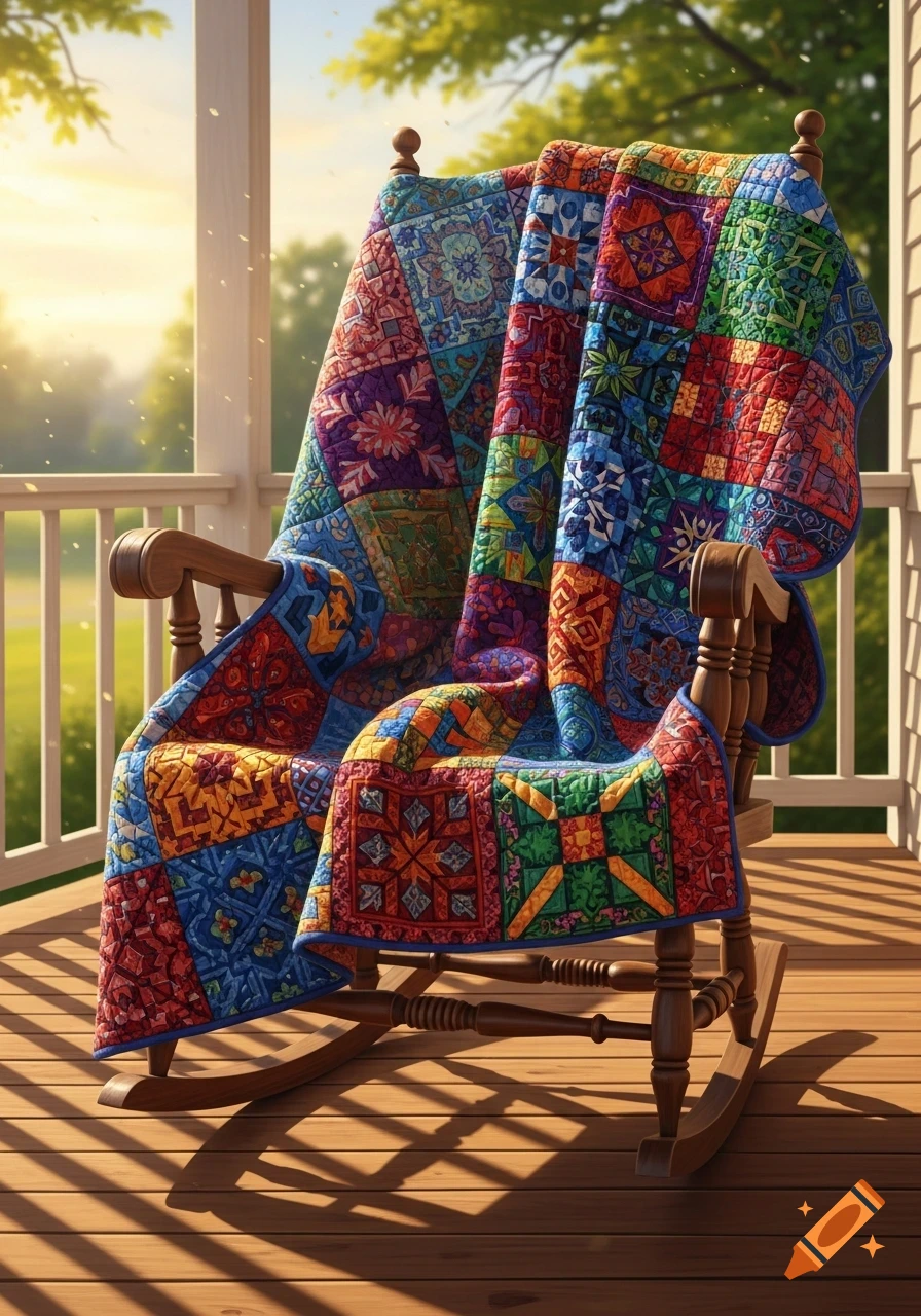 A colorful patchwork quilt draped over a wooden rocking chair on a sunny porch with green trees in the background.